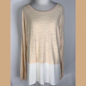 Lou & Grey Tan & White Lightweight Long Sleeve Round Neck Tunic Knit Sweater L